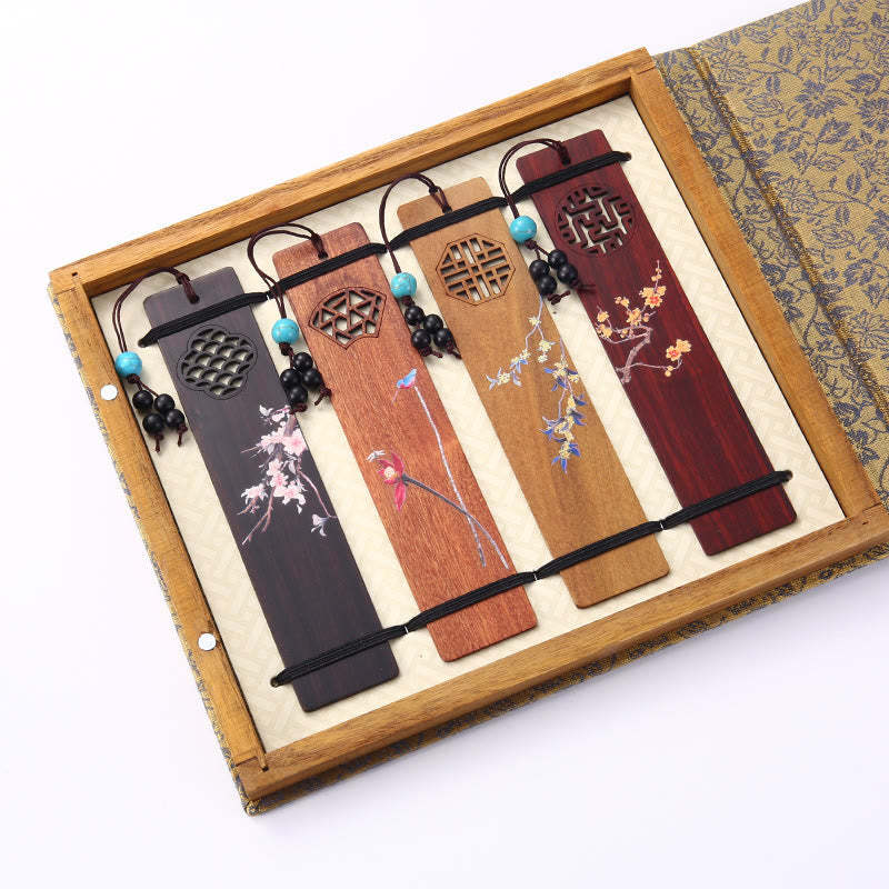 4Pcs Four Seasons Plum Orchid Bamboo Chrysanthemum Peking Opera Mask Wood Bookmarks With Gift Box