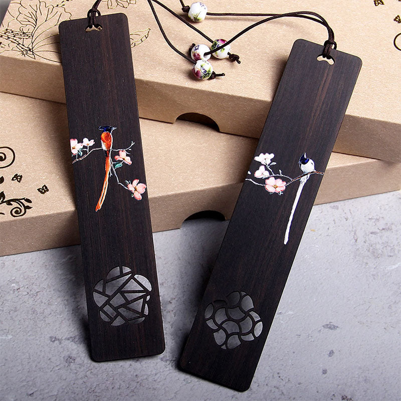 Oriole Bird Flower Ebony Wood Bookmarks With Gift Box