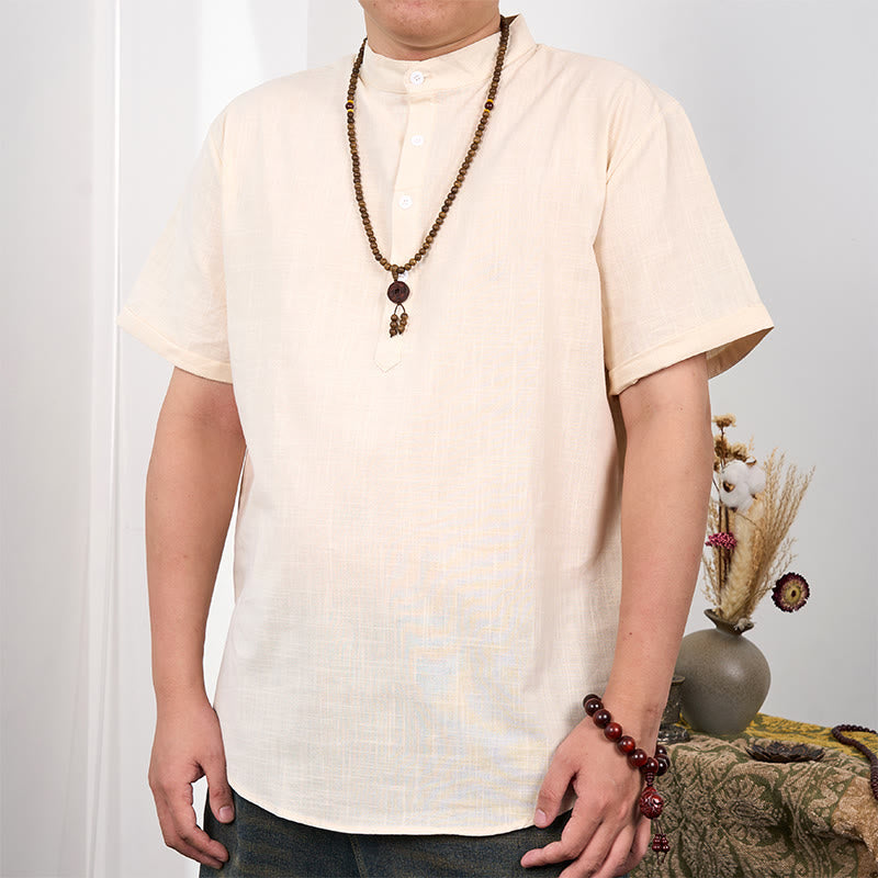 Men's Plain Color Short Sleeve Half Button Cotton Linen Shirt