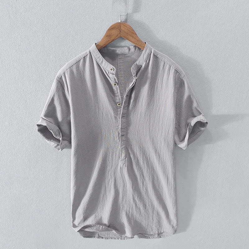 Solid Color Short Sleeve Half Button Shirt Cotton Linen Men Clothing