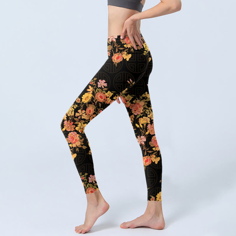 Yellow Pink Flowers Green Leaves Print Gym Fitness Leggings Women's Yoga Pants