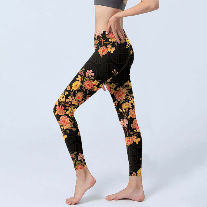 Yellow Pink Flowers Green Leaves Print Gym Fitness Leggings Women's Yoga Pants