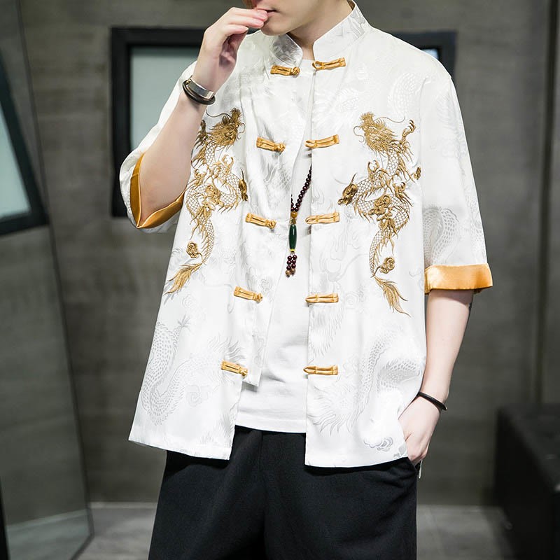 Frog-Button Chinese Dragon Embroidery Half Sleeve Shirt Linen Men Clothing