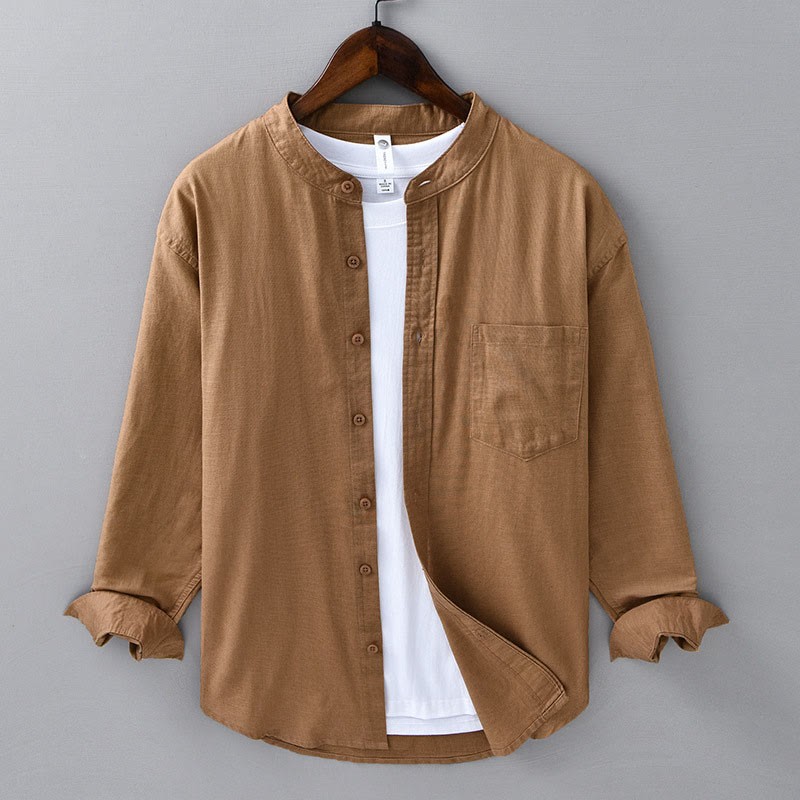 Men's Long Sleeve Stand Collar With Pocket Pure Color Casual Cotton Linen Shirt