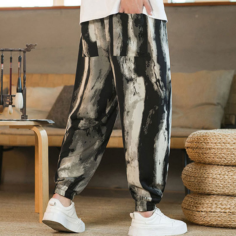 Ice Silk Drop Ink Tie-dye Gradient Stripes Casual Cotton Men's Pants With Pockets