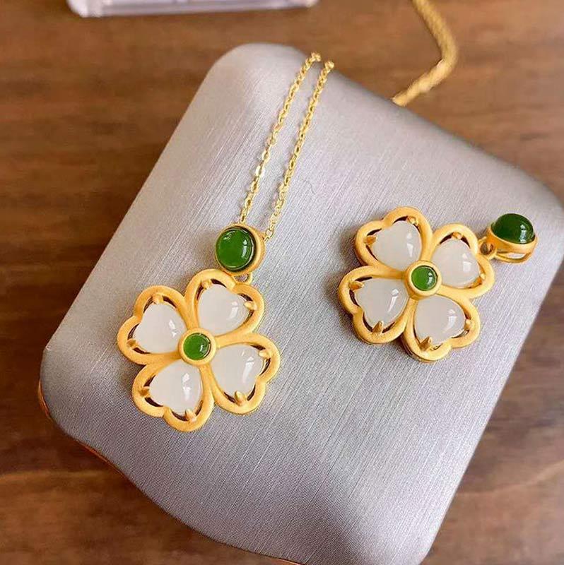 925 Sterling Silver Lucky Four Leaf Clover Jade Prosperity Necklace Chain Pendant