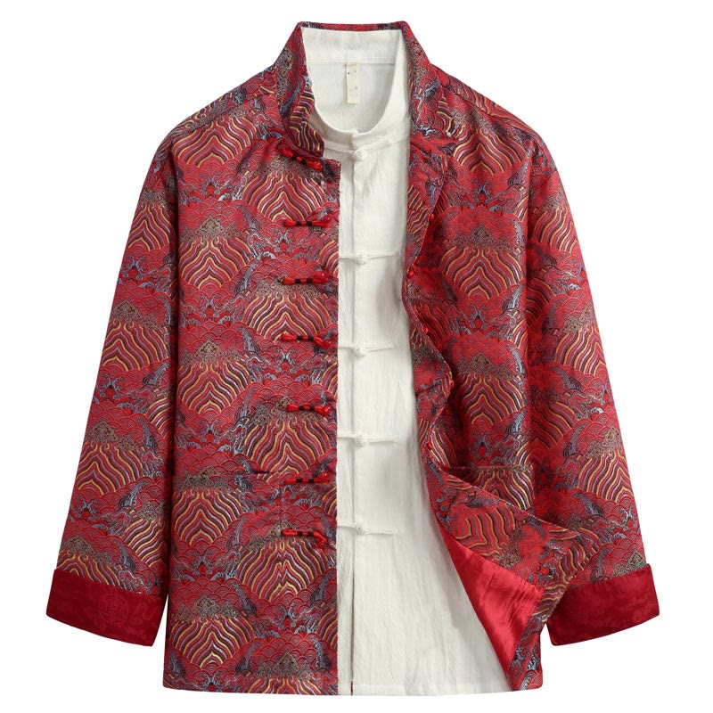 Chinese New Year Jacquard Damask Seawater Pattern Frog-button Tang Suit Men's Jacket Shirt With Pockets