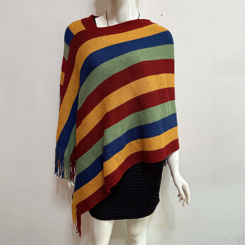 Tibetan Colorful Striped Design Shawl Tassels Pullover Winter Cozy Travel Scarf Wrap