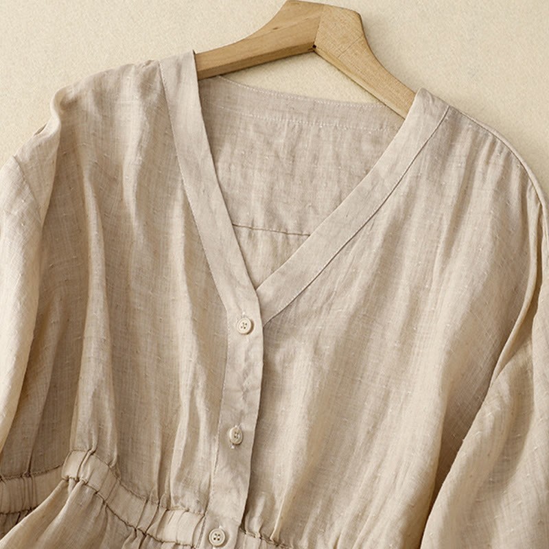 Spring Plain Button Half Puff Sleeve Waisted V-Neck Cotton Linen Women's Shirt