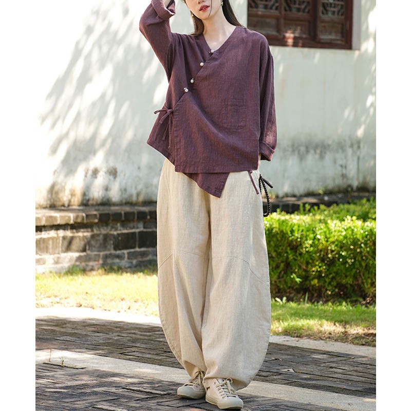 Solid Color Ramie Linen Loose Blouse Long Sleeve Shirt Chinese Hanfu Top