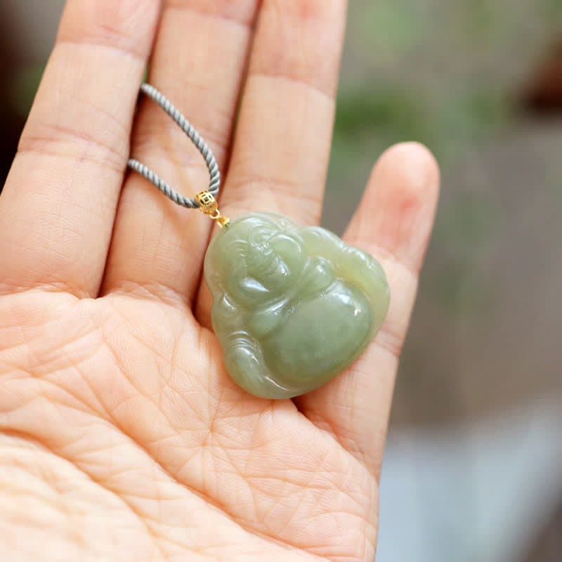 18K Gold Laughing mystic zen Jade Abundance Necklace String Pendant