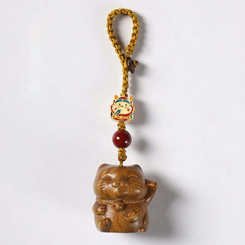 Small Leaf Red Sandalwood Green Sandalwood Sandalwood Lucky Cat Protection Key Chain Phone Hanging Decoration