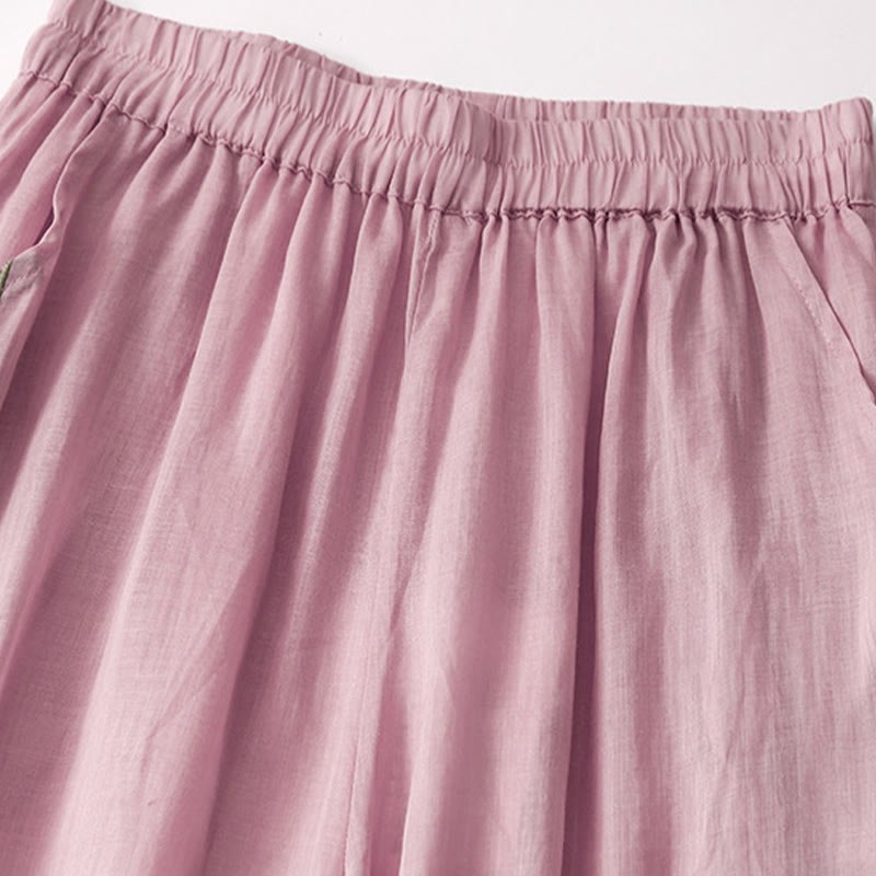Summer Embroidery Double Layer Cotton Linen Women's Wide Leg Pants With Pockets