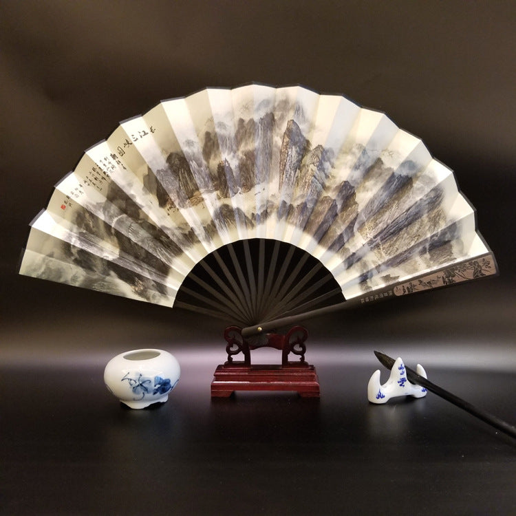 Great Wall Mountains Trees Crane Bamboo Handheld Bamboo Folding Fan 33.5cm