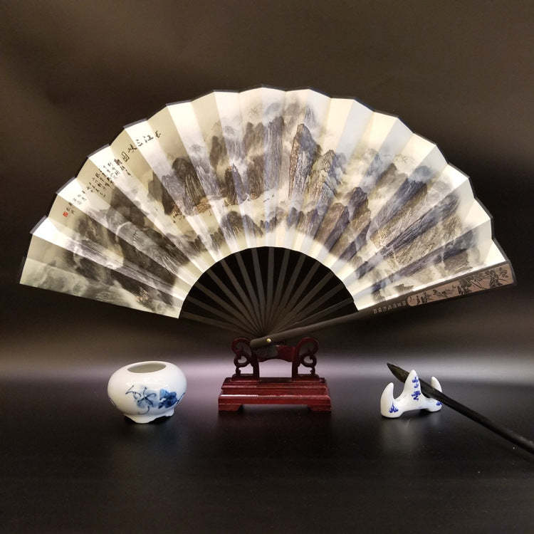 Great Wall Mountains Trees Crane Bamboo Handheld Bamboo Folding Fan 33.5cm