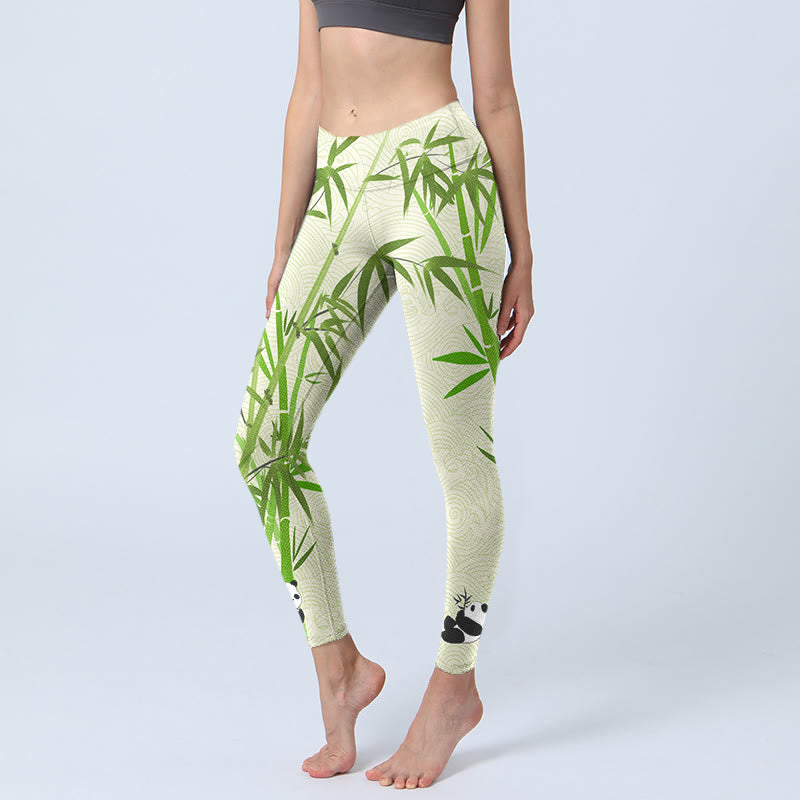 Lush Bamboo Panda Auspicious Cloud Waves Print Gym Leggings Women's Yoga Pants