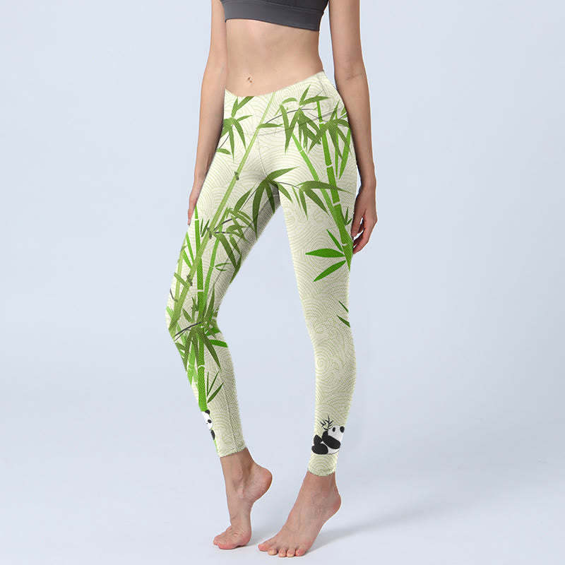 Lush Bamboo Panda Auspicious Cloud Waves Print Gym Leggings Women's Yoga Pants