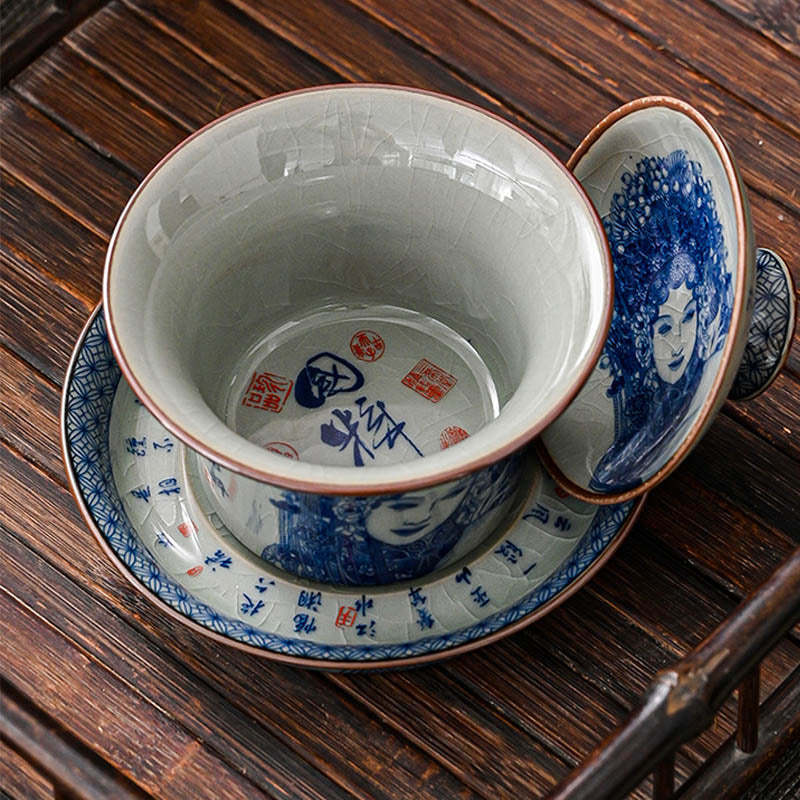 Jingdezhen Dragon Phoenix Pavilion Pine Flower Ceramic Gaiwan Sancai Teacup Kung Fu Tea Cup And Saucer With Lid 170ml