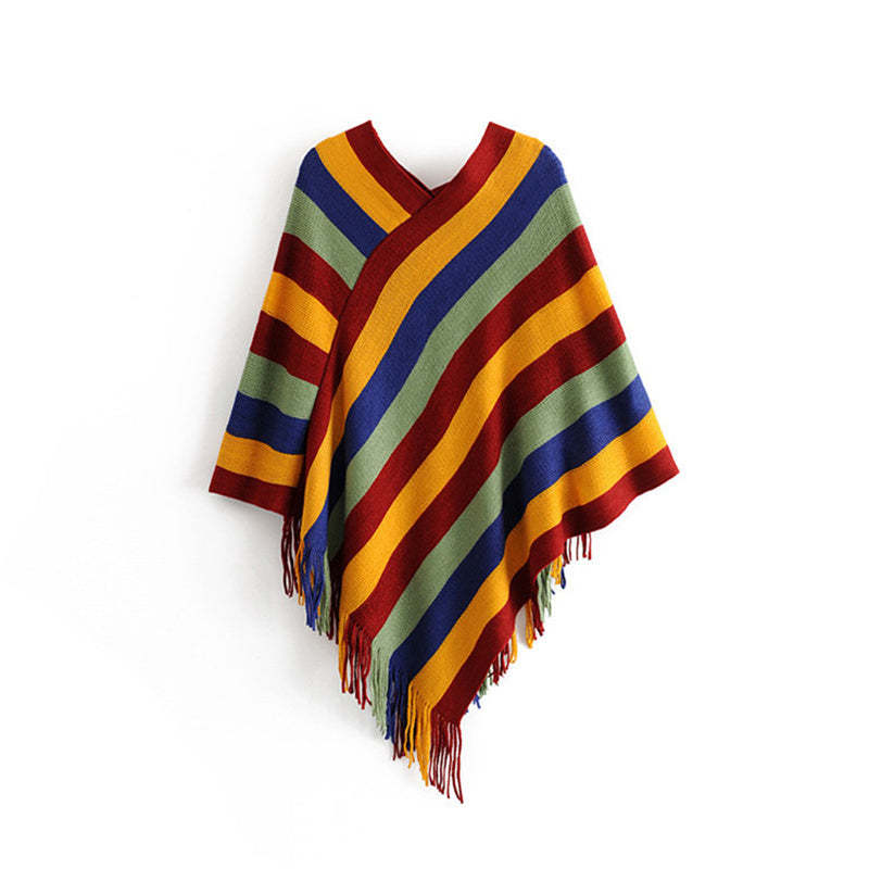 Tibetan Colorful Striped Design Shawl Tassels Pullover Winter Cozy Travel Scarf Wrap