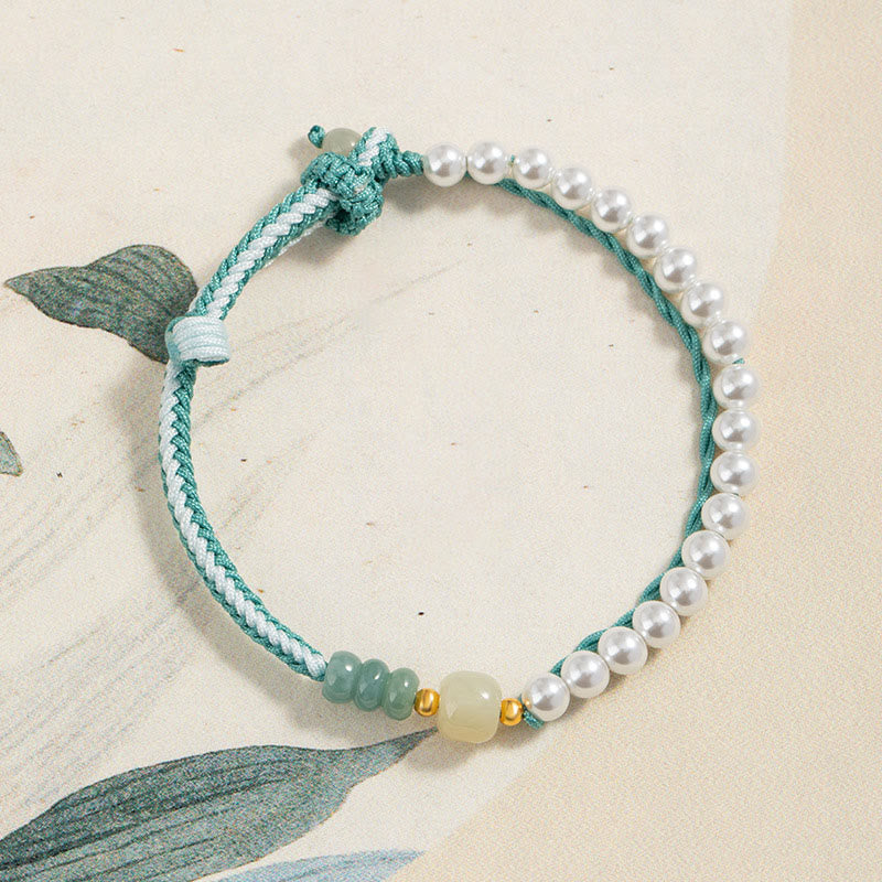 925 Sterling Silver Hetian Jade Braided Rope Pearl Abundance Bracelet