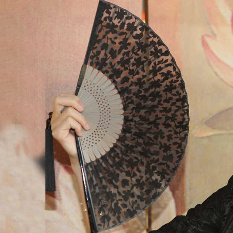Retro Leaves Flower Silk Handheld Bamboo Folding Fan