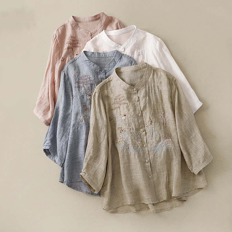 Casual Embroidered Plant Stand Collar Design Three Quarter Sleeve Women's Cotton Linen Shirt