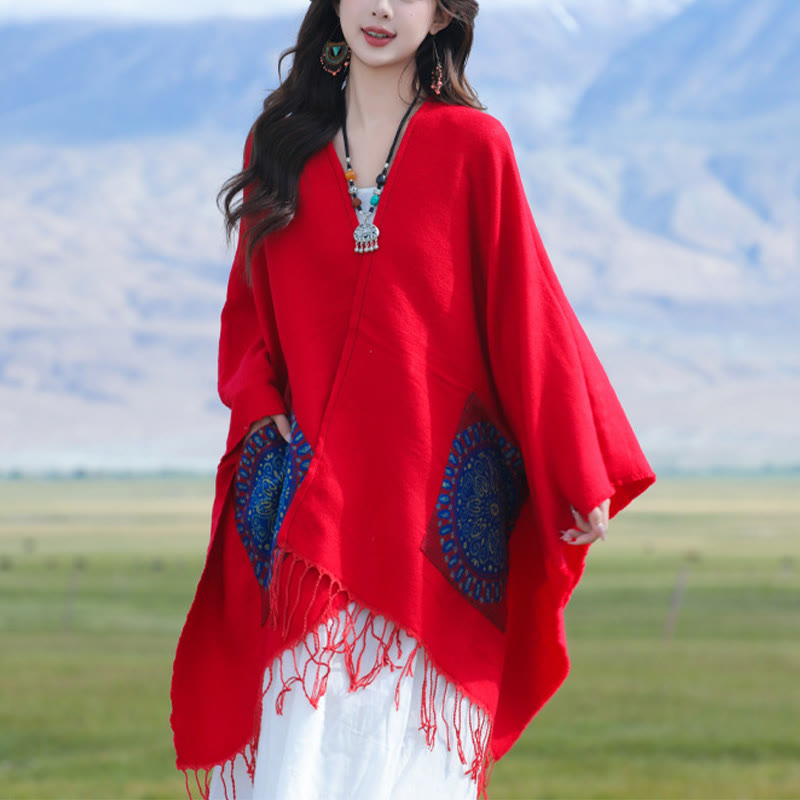 Tibetan Geometric Round Mandala Pattern Tassels Shawl Fall Winter Cozy Scarf Wrap With Pockets
