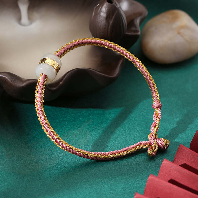 999 Gold Hetian White Jade Om Mani Padme Hum Fu Character Luck Braided Bracelet