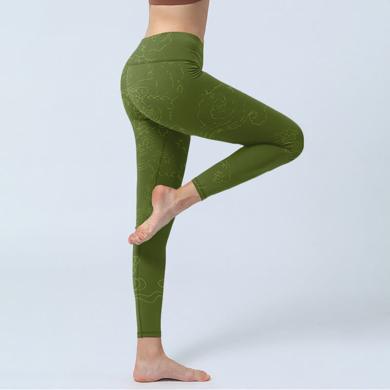 Green Auspicious Cloud Waves Print Gym Leggings Women's Yoga Pants