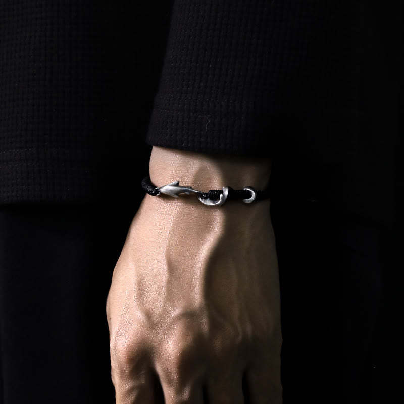 999 Sterling Silver Shark Black Wax Rope Protection Bracelet
