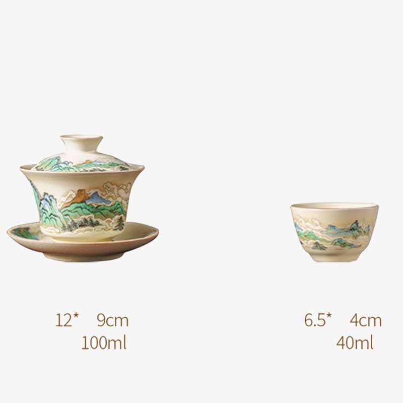 A Panorama of Rivers and Mountains Flowers Ceramic Gaiwan Sancai Teacup Kung Fu Tea Cup And Saucer With Lid