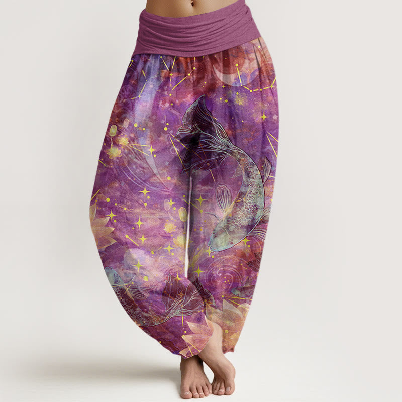 Koi Fish Lotus Moon Stars Pattern Women's Elastic Waist Harem Pants