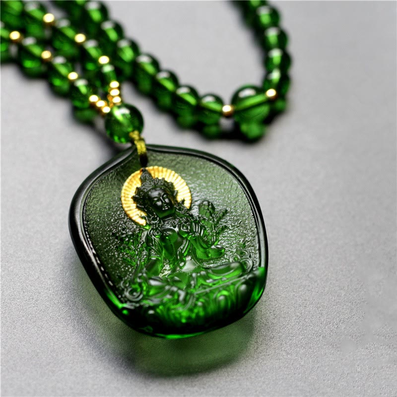 Tibetan Green Tara mystic zen Gold Plated Liuli Crystal Protection Necklace Pendant