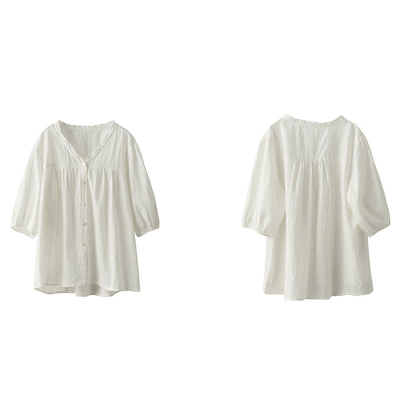 Women's Pure White Lace V-neck Design Half Sleeve Cotton Shirt