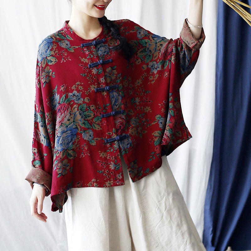 Red Flowers Green Leaves Print Frog-button Design Long Sleeve Cotton Linen Jacket Shirt