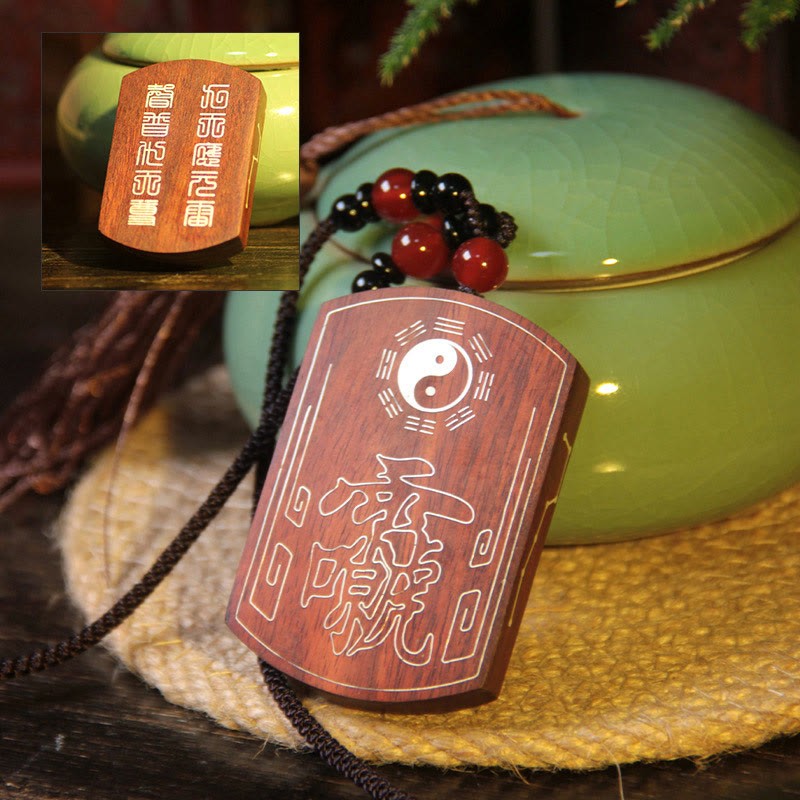 999 Sterling Silver Ebony Wood Red Sandalwood Yin Yang Bagua Balance Necklace Pendant