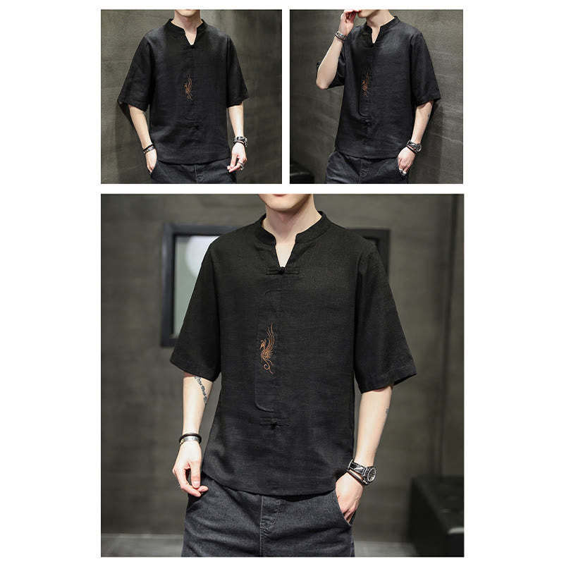 Frog-Button Phoenix Embroidery Chinese Tang Suit Short Sleeve Shirt Cotton Linen Men Clothing