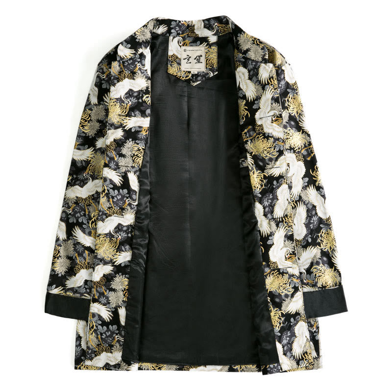 Chinese New Year Flying Crane Chrysanthemum Frog-button Tang Suit Cotton Men's Jacket Shirt With Pockets