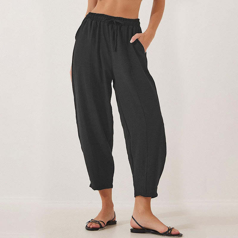 Casual Plain Loose Drawstring Women's Polyester 7/8 Length Pants  With Pockets