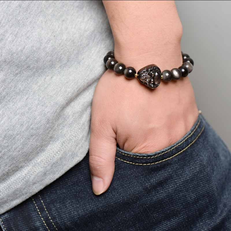 Silver Sheen Obsidian Lotus Flower Nine Tailed Fox Laughing mystic zen Protection Bracelet