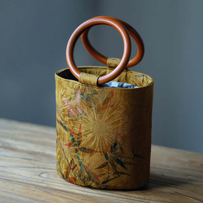 Bamboo Leaf Butterfly Cherry Blossom Persimmon Wood Handle Handbag