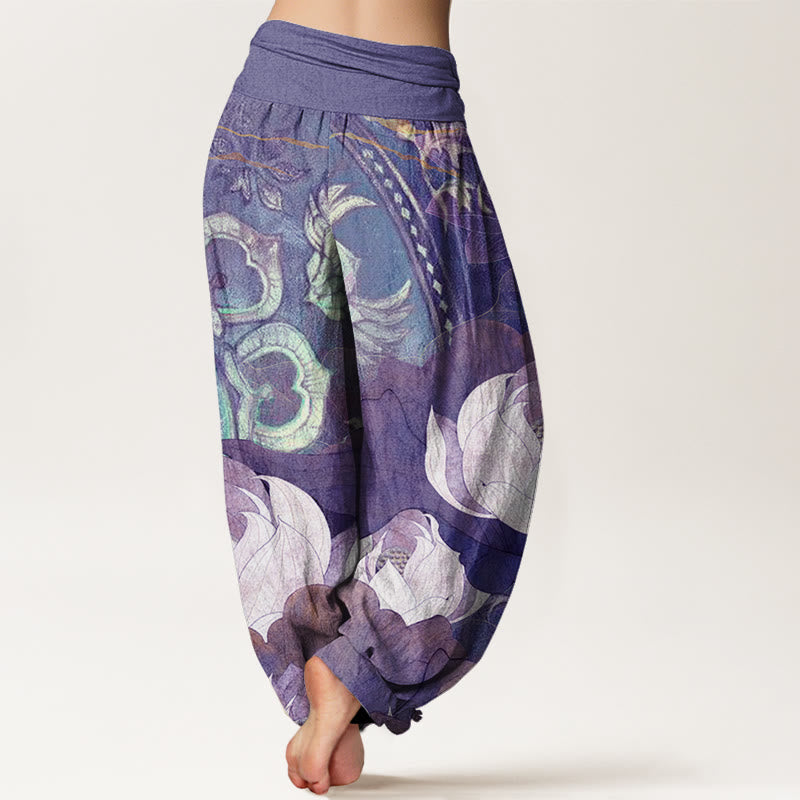 White Lotus Leaves Pattern Casual Women's Elastic Waist Harem Pants