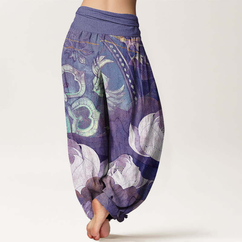 White Lotus Leaves Pattern Casual Women's Elastic Waist Harem Pants