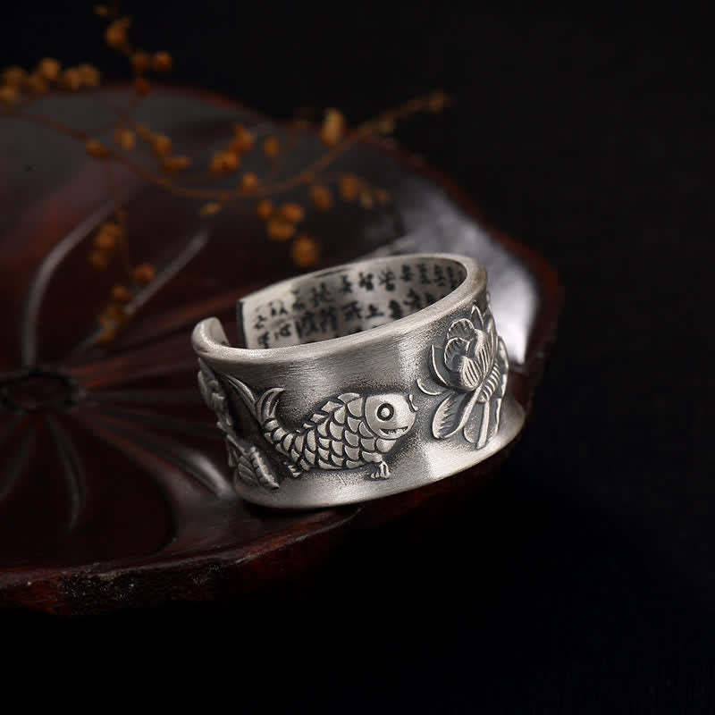 999 Sterling Silver Luck Koi Fish Lotus Heart Sutra Wealth Ring