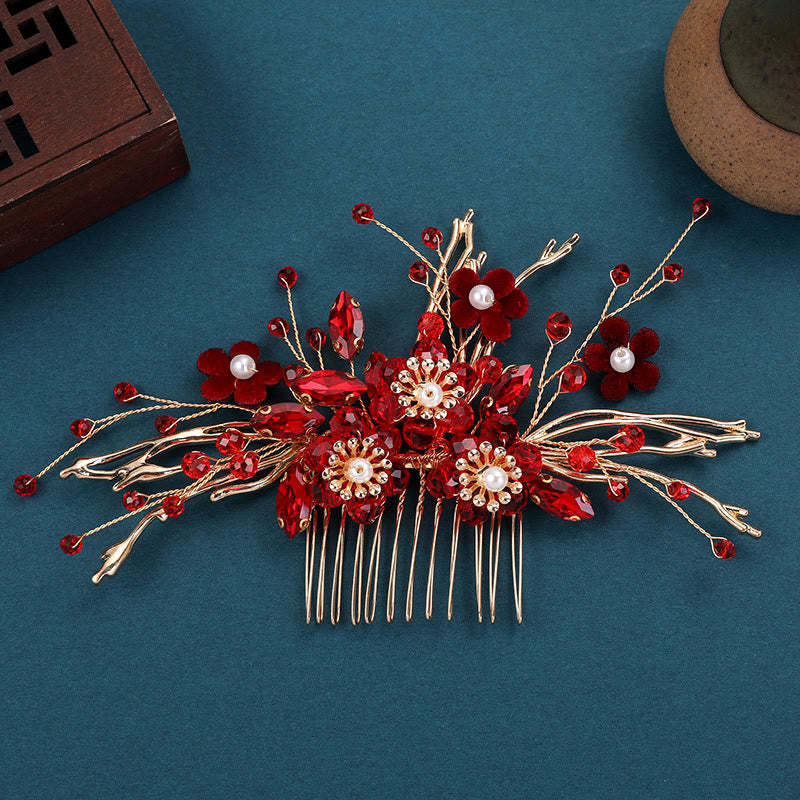 Chinese Wedding Golden Red Flower Branche Hair Comb