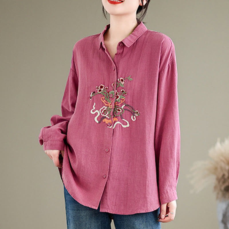 Flower Embroidery Long Sleeve Cotton Linen Women's Shirts