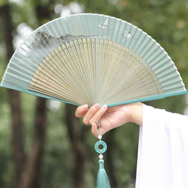 Retro Mountain River Crane Silk Handheld Bamboo Folding Fan