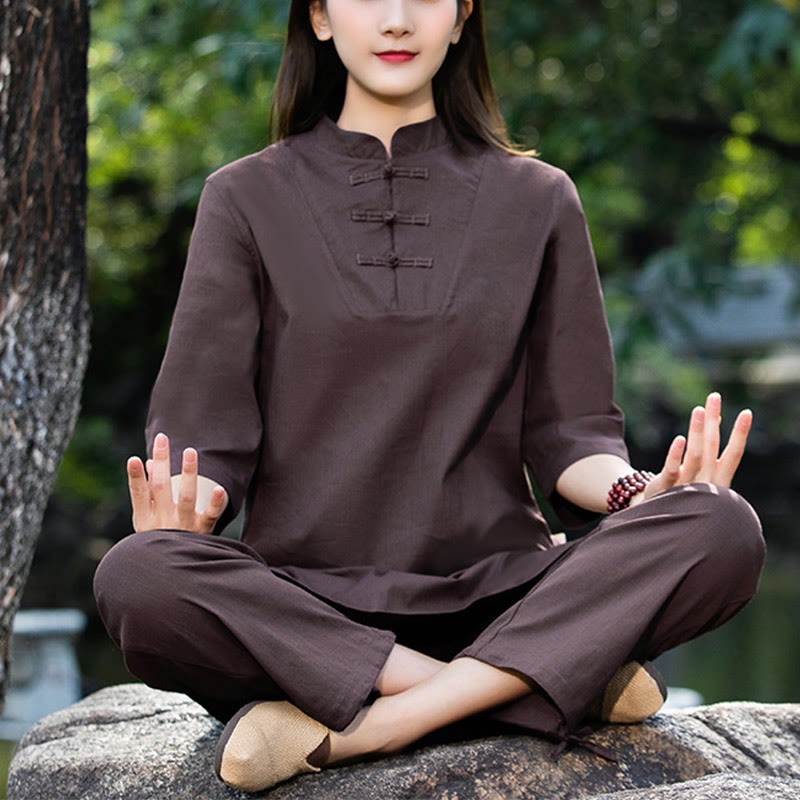 2Pcs Half Sleeve Shirt Top Pants Meditation Zen Tai Chi Cotton Linen Clothing Women's Set