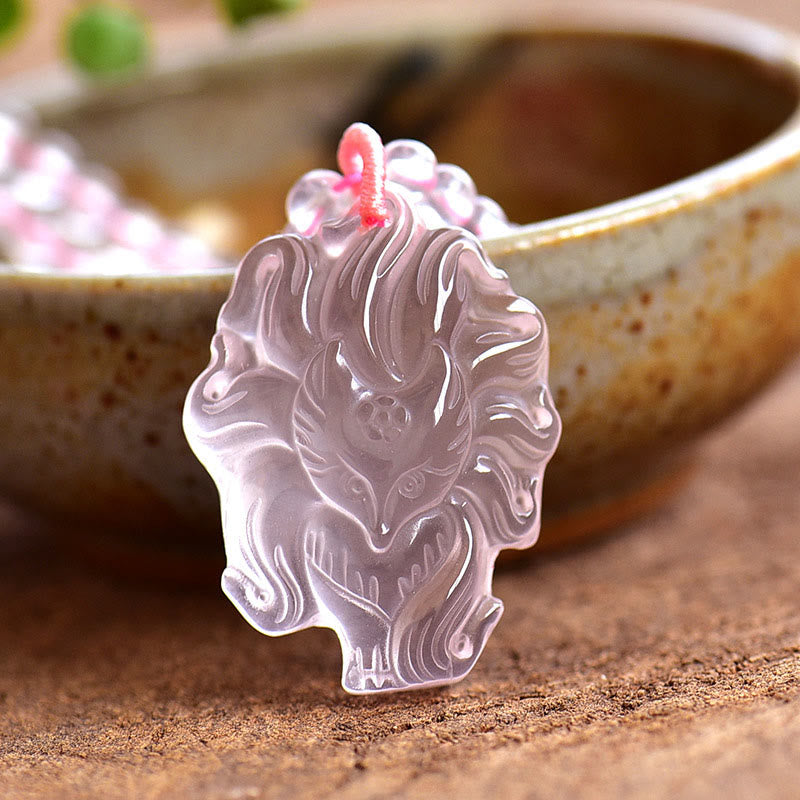 Natural Pink Crystal Nine Tailed Fox Love Necklace Pendant
