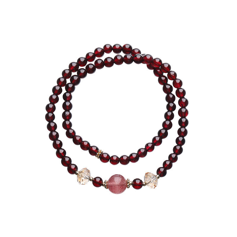 14K Gold Plated Natural Garnet Strawberry Quartz Stability Double Wrap Bracelet